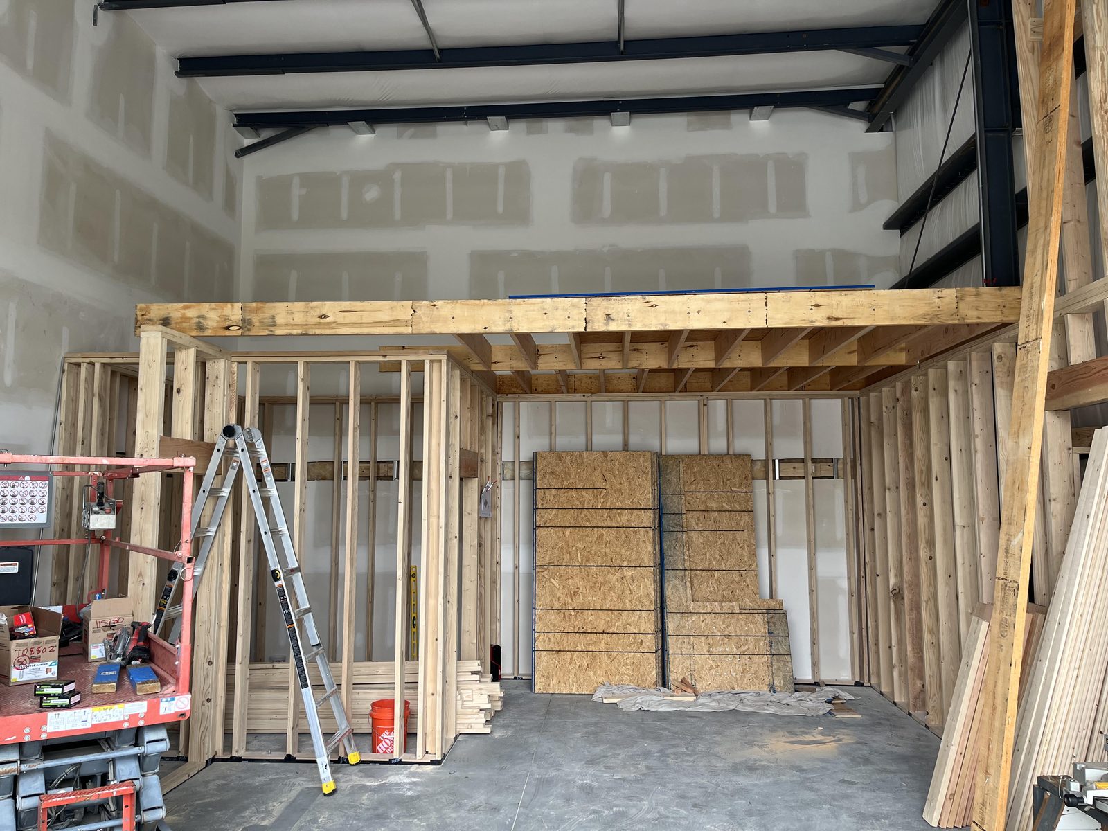Interior commercial framing and mezzanine