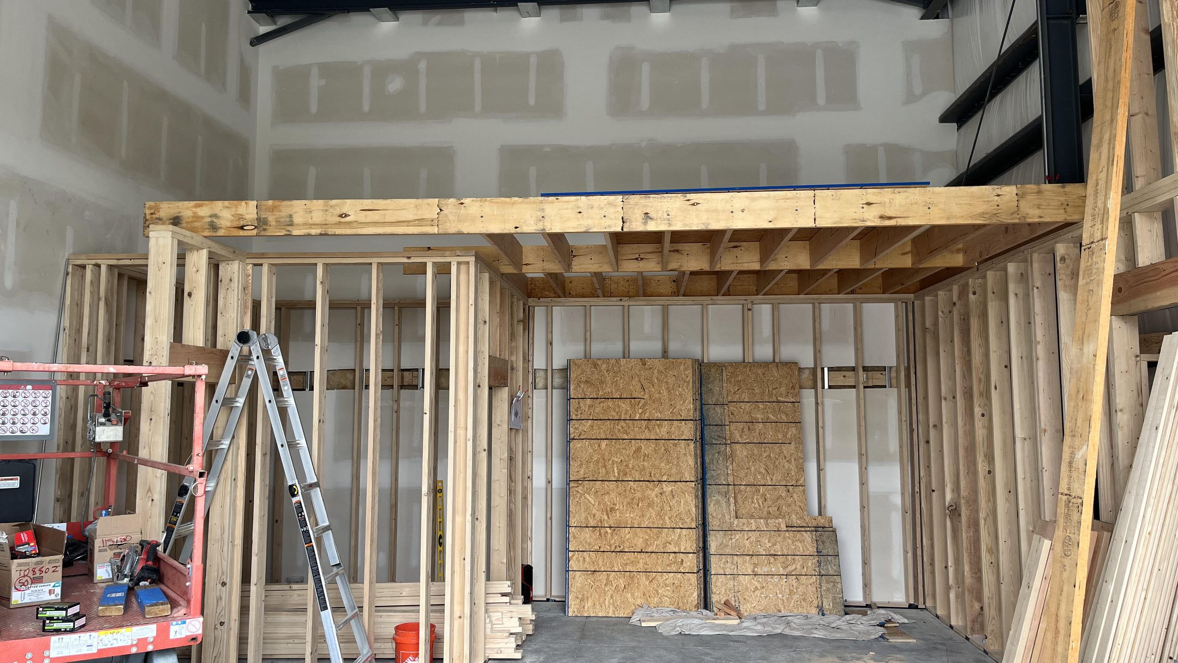 Interior commercial framing and mezzanine